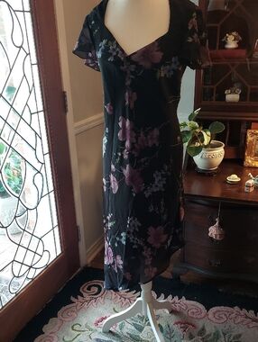 Black Midi Dress with Purple Floral Print - V-Neck Flutter Sleeve